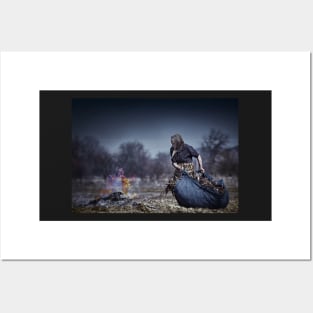 Senior rural woman burning fallen leaves Posters and Art